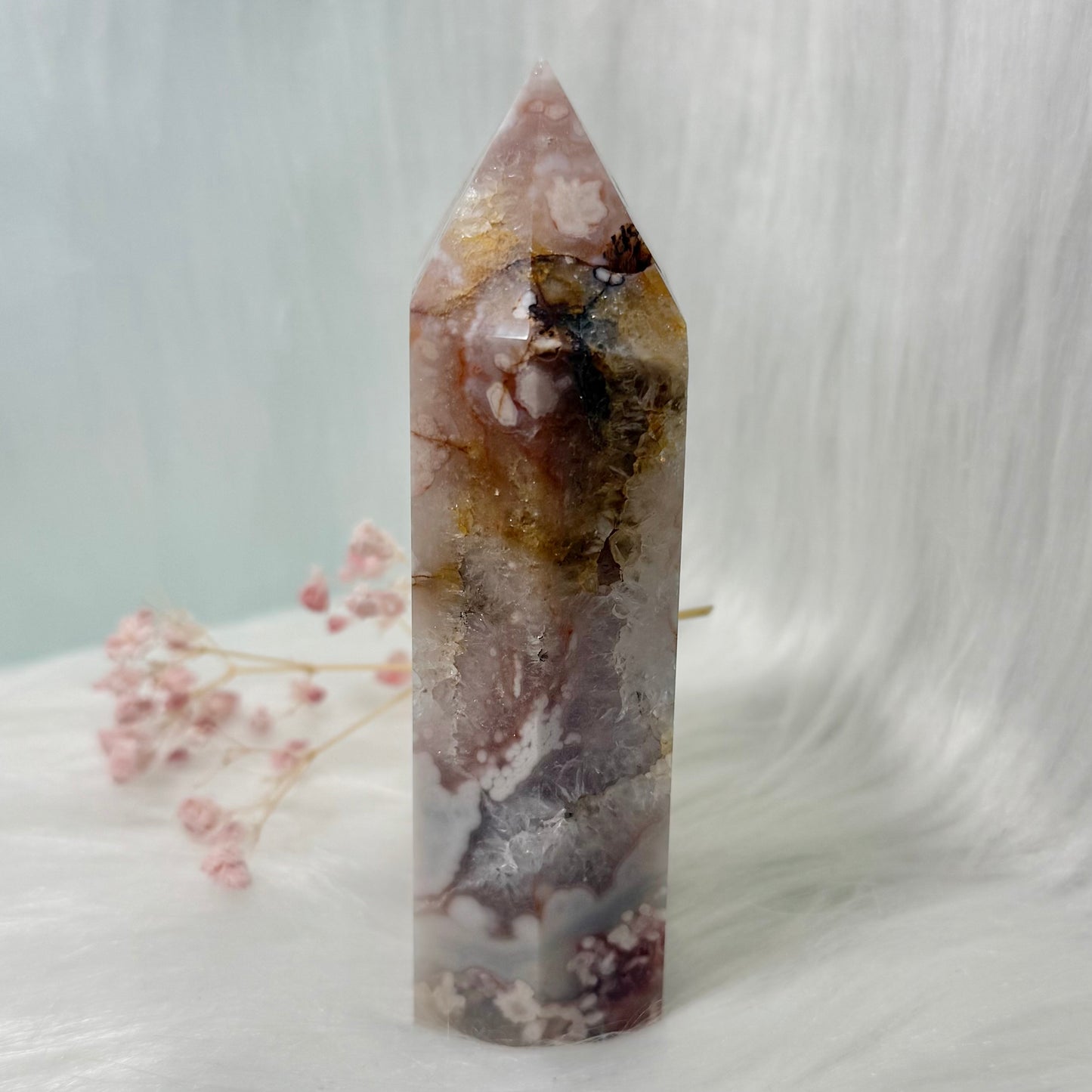 Pink Amethyst Flower Agate Tower with Druzy Cave FT2
