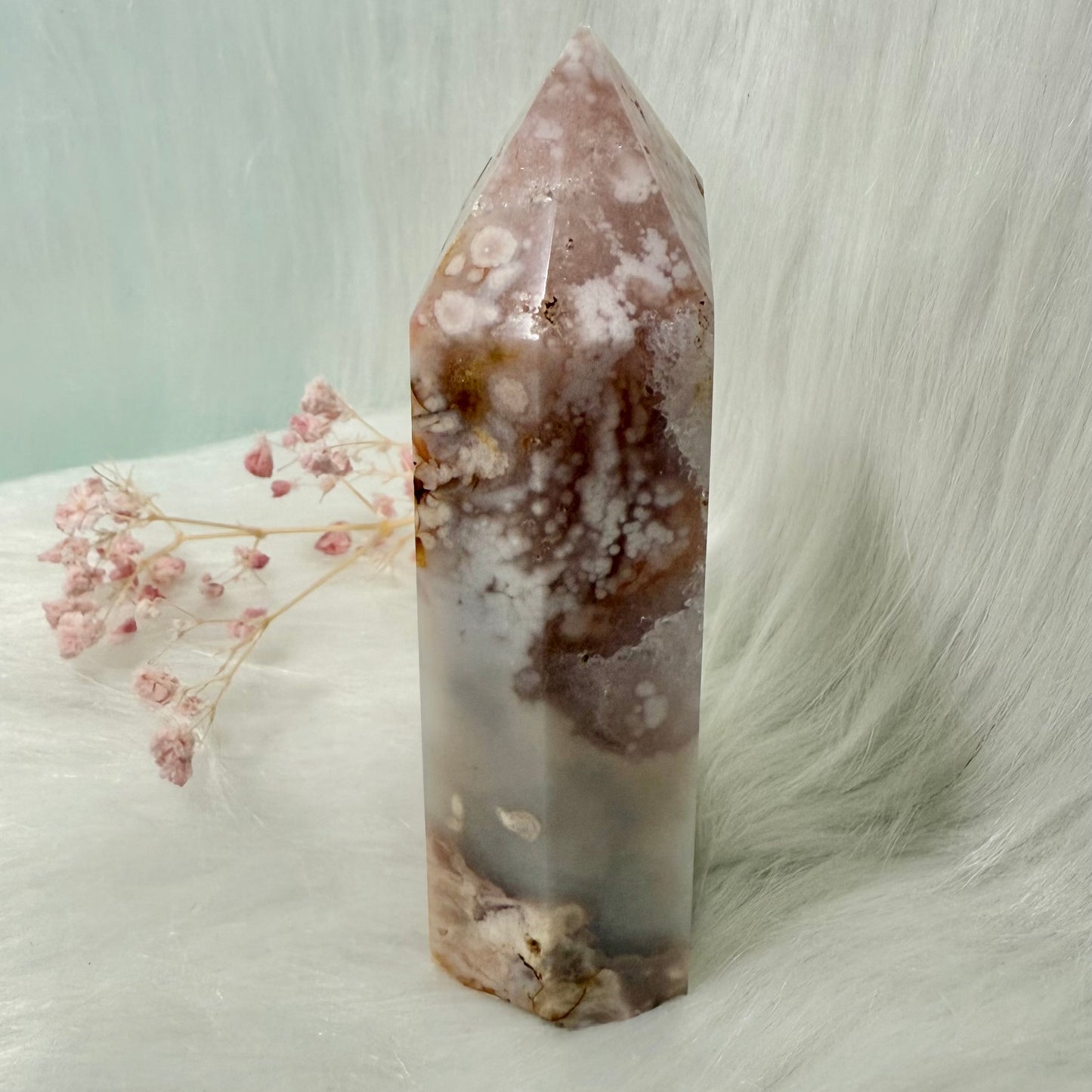 Pink Amethyst Flower Agate Tower with Druzy Cave FT2
