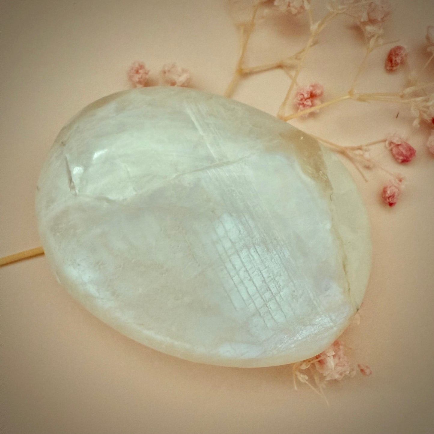 White Moonstone Palm Stone with Blue Flash WMS4