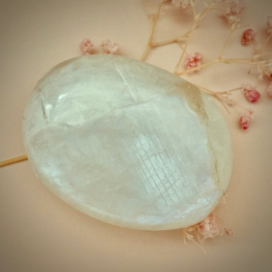 White Moonstone Palm Stone with Blue Flash WMS4
