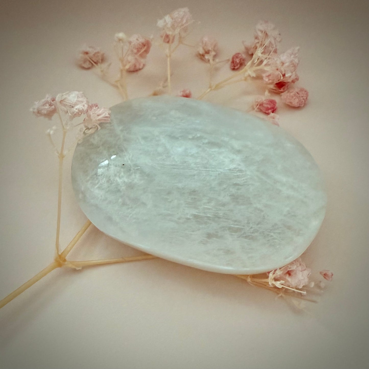 White Moonstone Palm Stone with Blue Flash WMS1