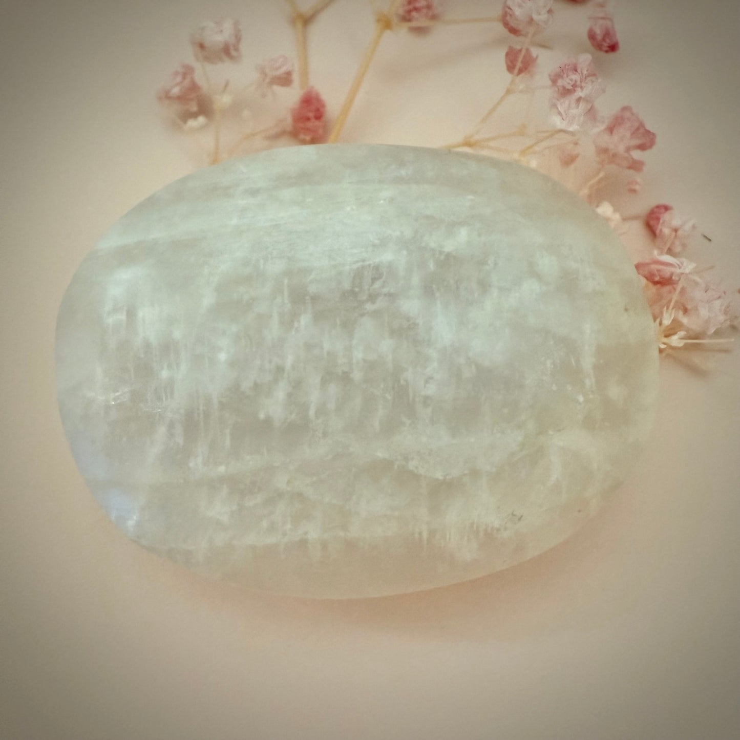 White Moonstone Palm Stone with Blue Flash WMS3