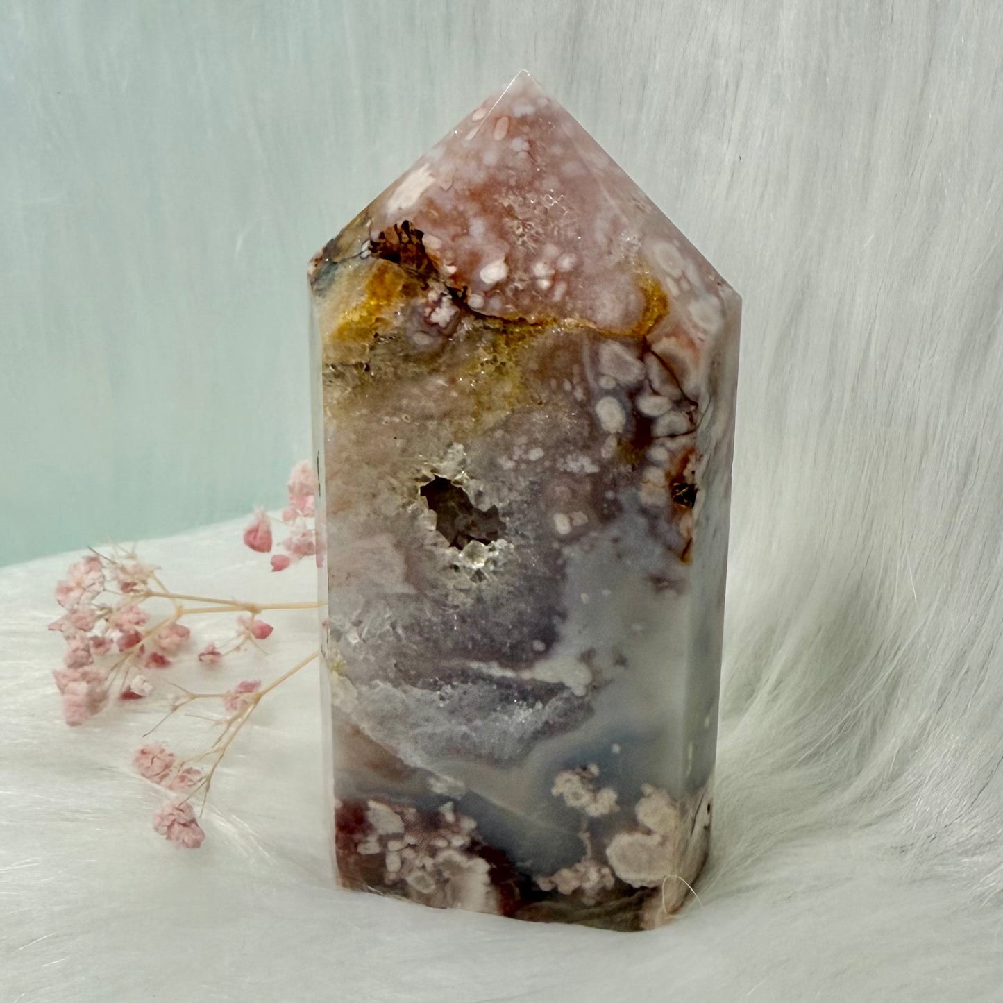 Pink Amethyst Flower Agate Tower with Druzy Cave FT2