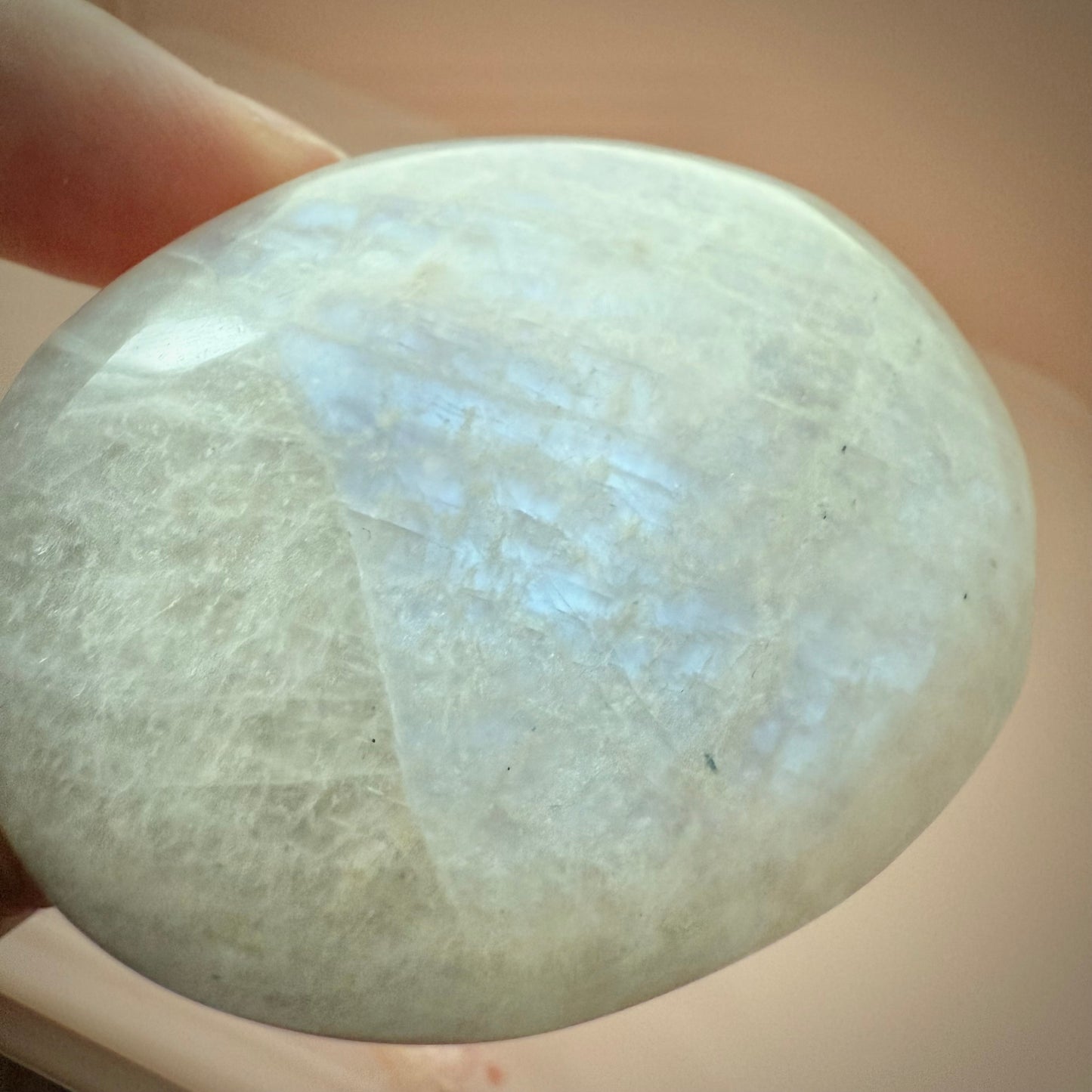 White Moonstone Palm Stone with Blue Flash WMS2