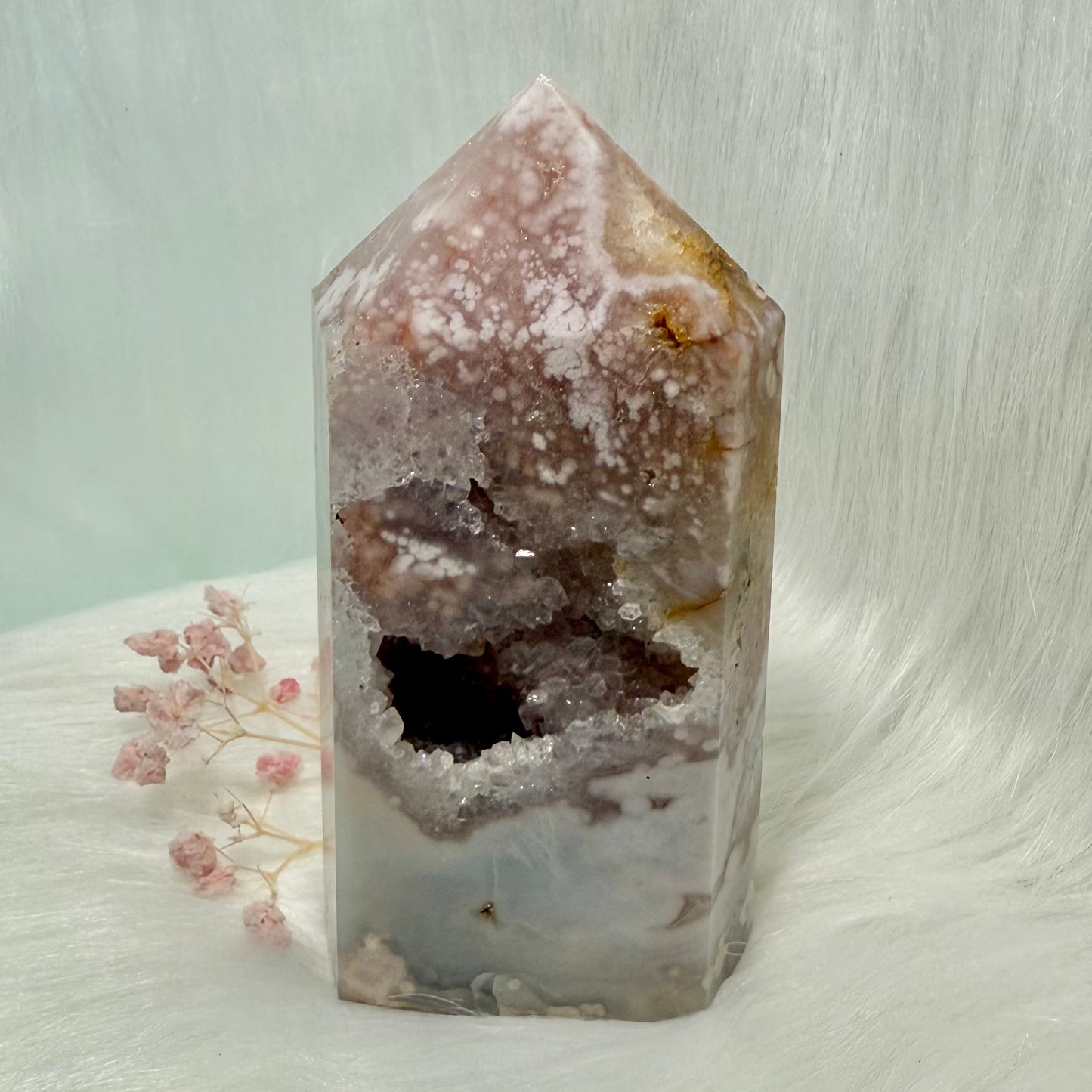 Pink Amethyst Flower Agate Tower with Druzy Cave FT2