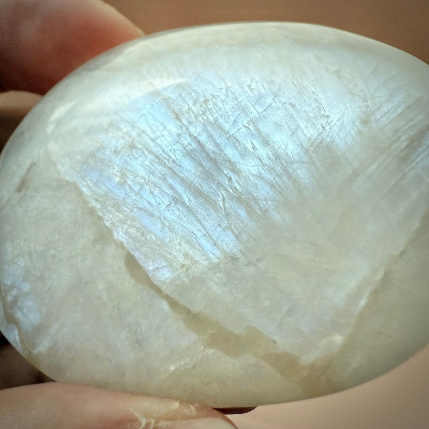 White Moonstone Palm Stone with Blue Flash WMS4