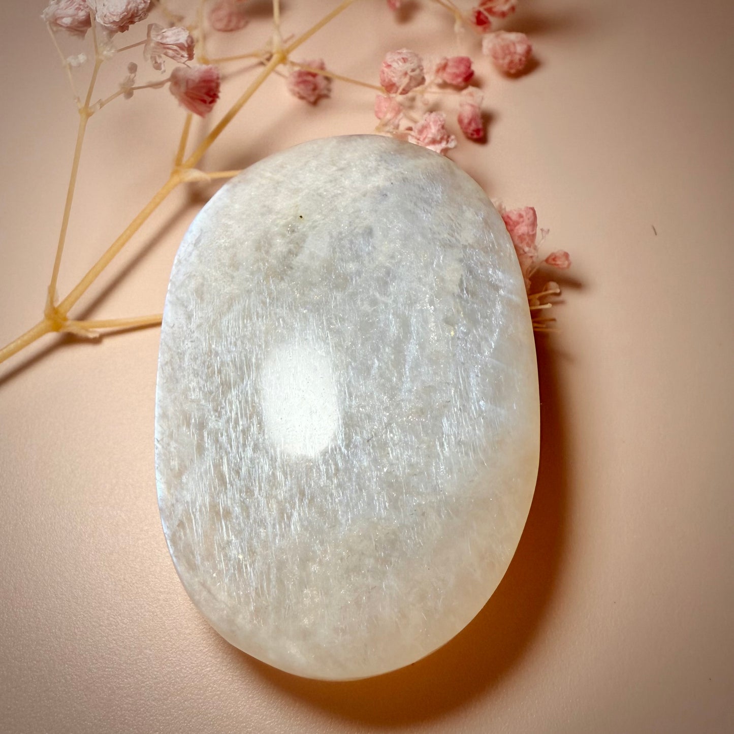 White Moonstone Palm Stone with Blue Flash WMS1