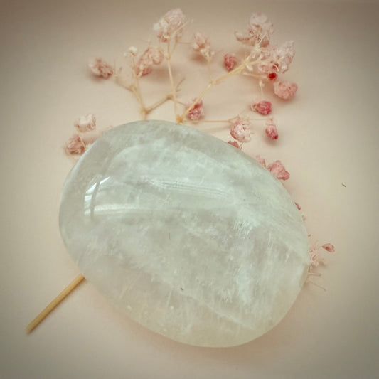 White Moonstone Palm Stone with Blue Flash WMS3
