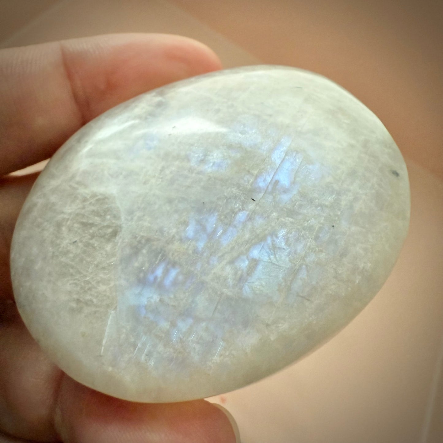 White Moonstone Palm Stone with Blue Flash WMS2