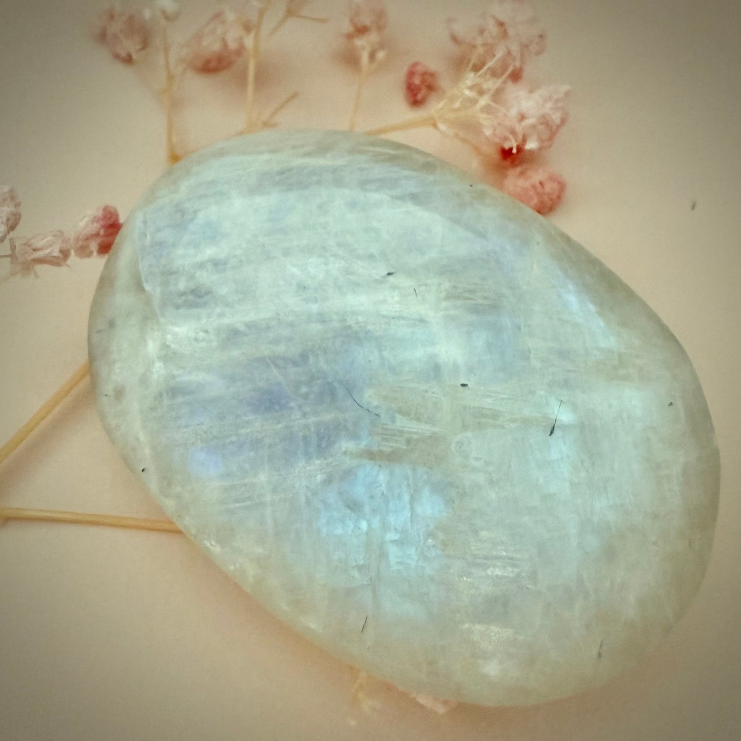 White Moonstone Palm Stone with Blue Flash WMS5