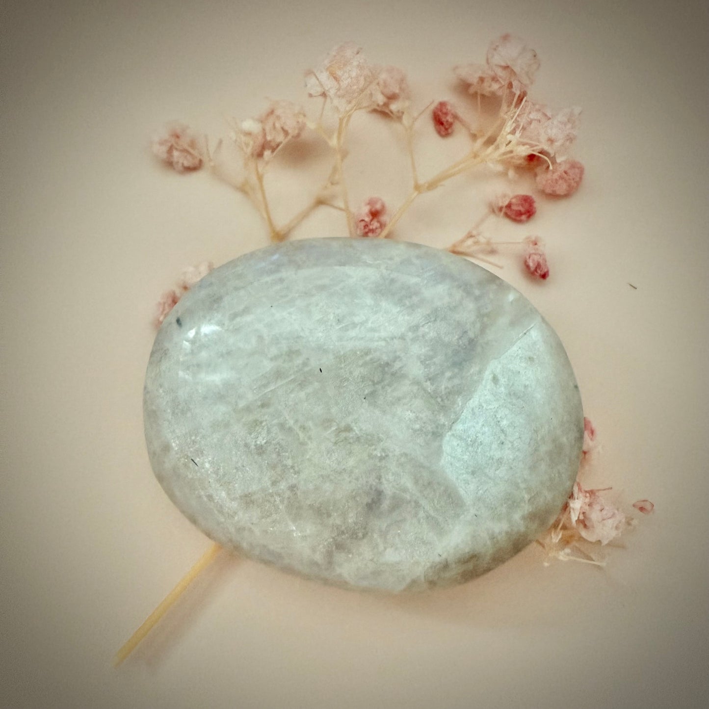 White Moonstone Palm Stone with Blue Flash WMS2