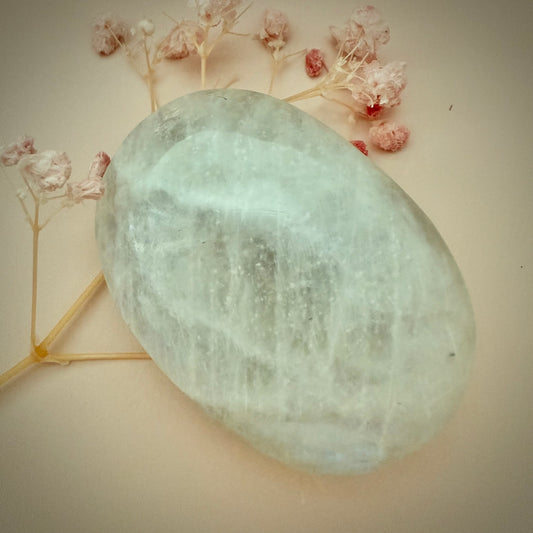 White Moonstone Palm Stone with Blue Flash WMS5