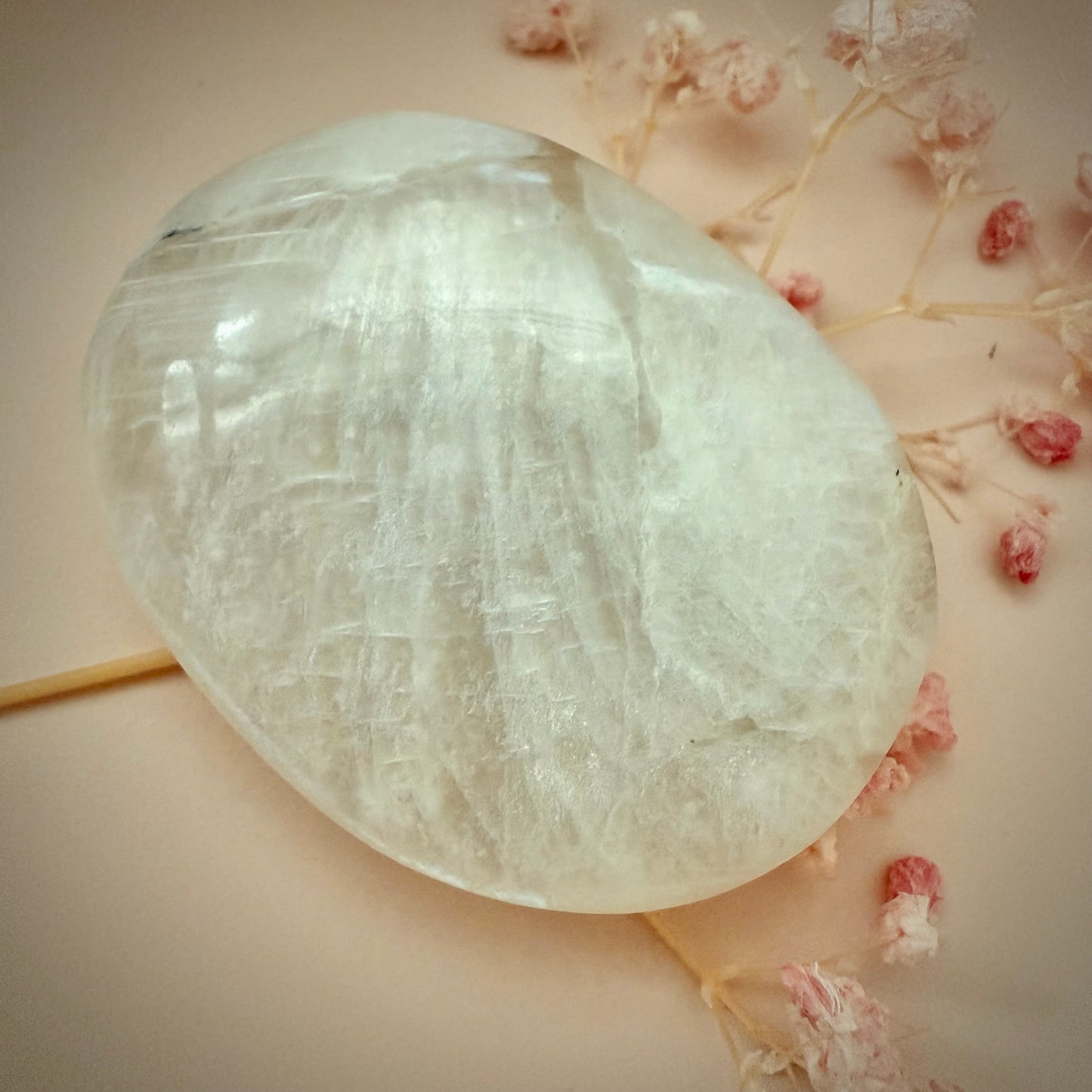 White Moonstone Palm Stone with Blue Flash WMS4