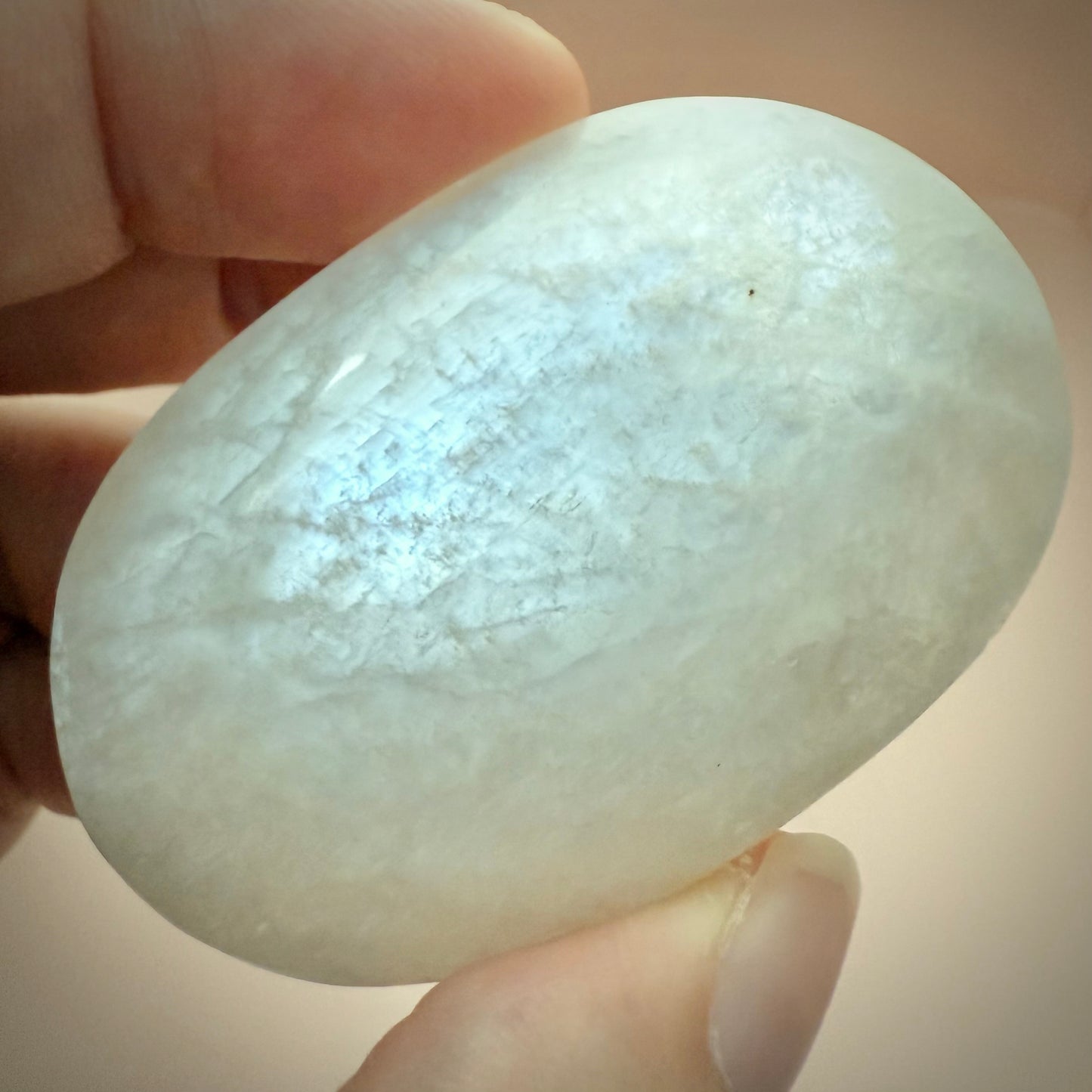 White Moonstone Palm Stone with Blue Flash WMS1