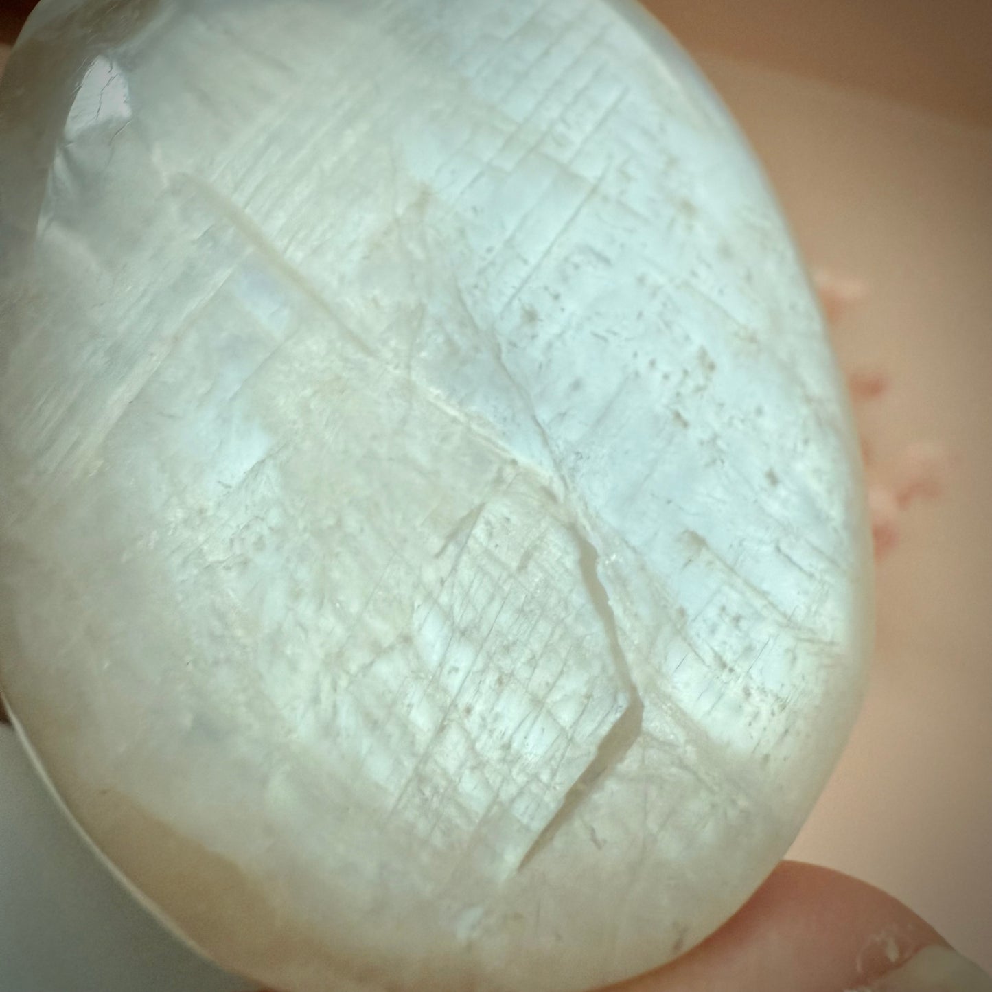 White Moonstone Palm Stone with Blue Flash WMS4