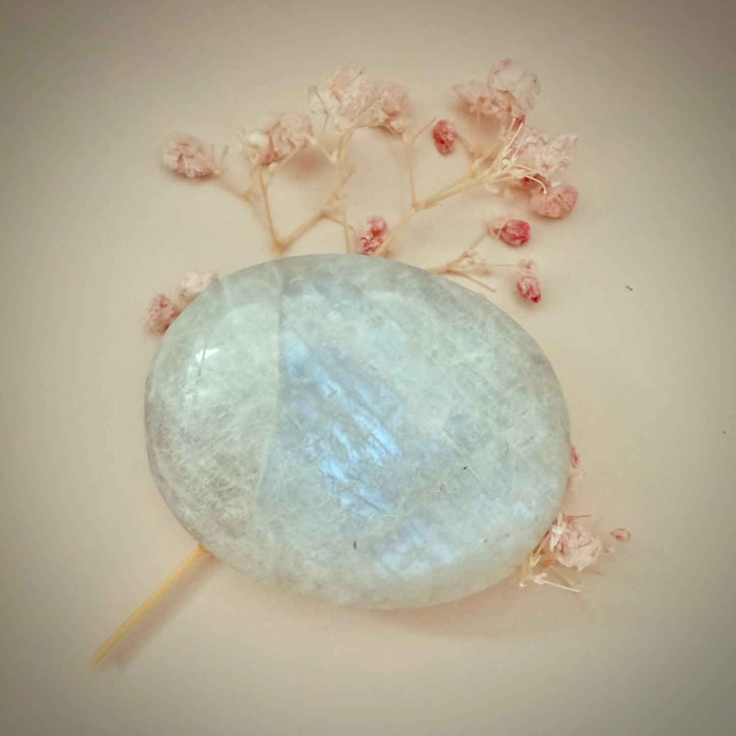 White Moonstone Palm Stone with Blue Flash WMS2