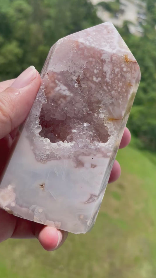 Pink Amethyst Flower Agate Tower with Druzy Cave FT2
